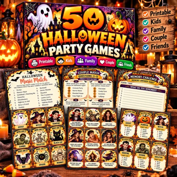 50 Halloween Party Games Printable Bundle | Best For Kids, Adults, Family, Couples & Friends